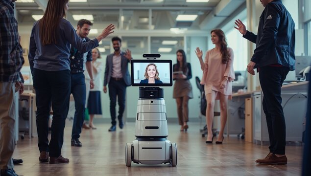 Waving business-casual team raising hands at telepresence robot in office, greeting remote member - Powered by Adobe