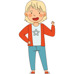 Illustration of a Young Blond Haired Girl with a Red Cardigan Blue Jeans and White T-shirt with Star Design Waving Hello