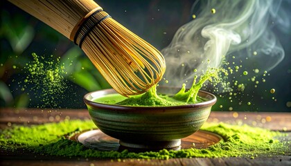 Vibrant Close Up of Matcha Tea Preparation Ceremony Still Life