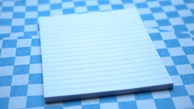 A stack of lined paper rests on a blue and white checkered surface, inviting creative expression