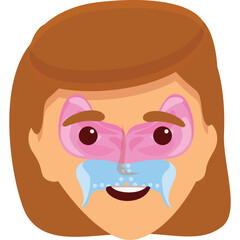 Illustration of a smiling person with a brown hairstyle wearing a pink nasal mask with blue nasal strips and a 