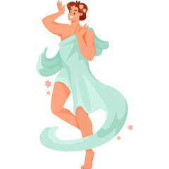 Illustration of a smiling person with rosy skin and dark hair adorned with tiny pink flowers wearing a flowing 