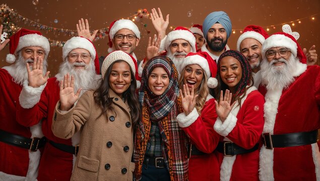Smiling friends wearing Santa hats and costumes at holiday party, with bunting lights confetti