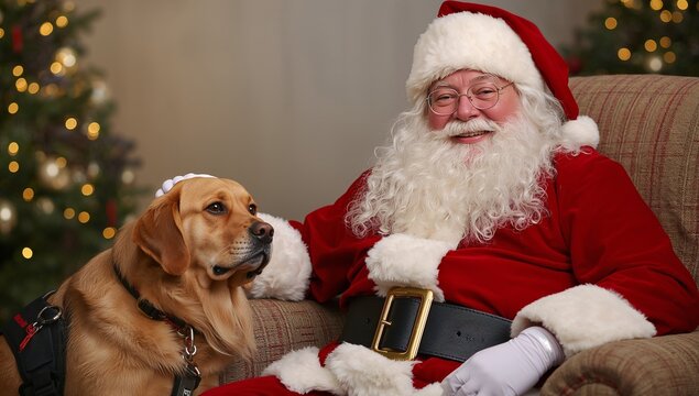 Sitting Santa Claus petting harnessed golden retriever in living room by Christmas tree, copy space - Powered by Adobe