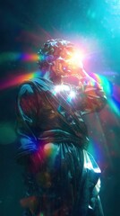 Classical statue bathed in vibrant light, a modern take on timeless artistry, colorful spectacle.