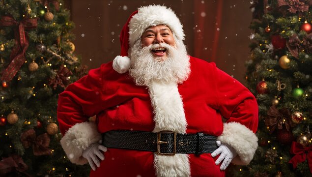 Smiling bearded Santa Claus in red suit posing in room, with decorated trees and falling snowflakes