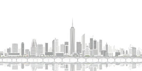 Obraz premium Modern Cityscape Vector Illustration with Reflection, Gray Scale Urban Skyline with Skyscrapers and Bridge, Minimalist City Background