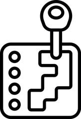 Simple black and white line art icon of a gear stick in first gear, with four forward gears and one reverse