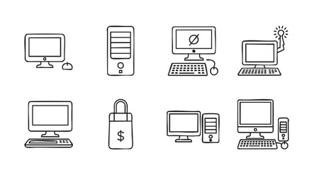 Outline design of computer set with shopping bag and server