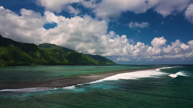 Aerial view of a dramatic reef break where turquoise waters crash against a strip of land, with lush green hills in the background, French Polynesia.