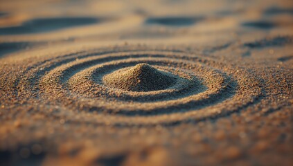 Naklejka premium Featuring central conical sand mound surrounded by concentric raked grooves in flat sandy plane