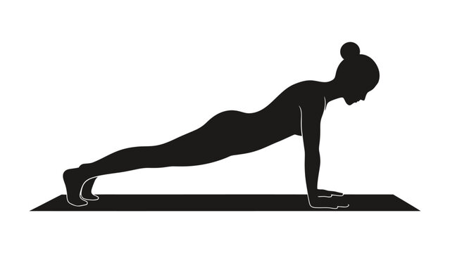 Zen Pose Silhouette: A serene silhouette of a figure in the plank position, poised on a mat, emphasizing balance, strength and mindfulness - Powered by Adobe