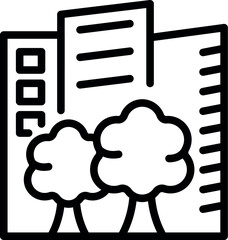 Modern city buildings stand behind lush green trees, symbolizing sustainable development and eco friendly urban living