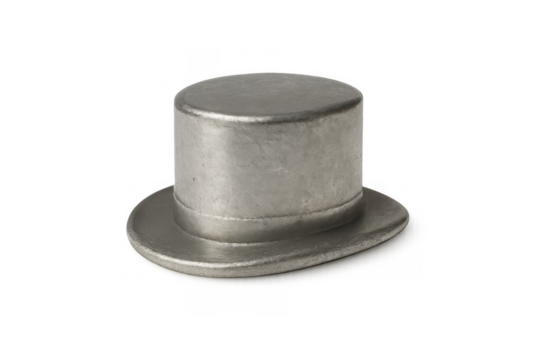 Silver metallic top hat game token representing wealth, success, and prosperity on transparent background