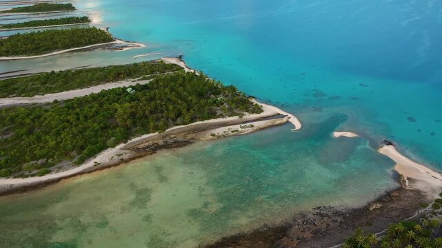 Aerial view of motu with a lush canopy of trees, surrounded by turquoise waters and sandy beaches, creating a tropical paradise, French Polynesia.