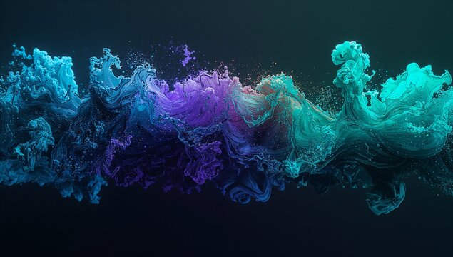 Swirling vibrant teal and purple fluid plumes flowing in digital space, with droplets and mist