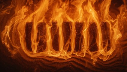 Crackling charcoal briquettes releasing rising flames inside metal fire pit, with textured ash base