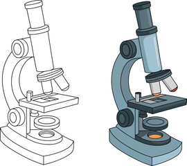 Microscope illustration, outline and colored version, scientific instrument drawing, biology education sketch, laboratory research tool art, optical science design