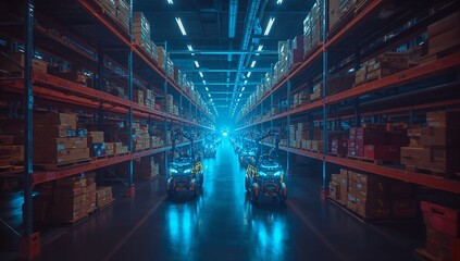 Navigating fleet of autonomous robots traveling down warehouse aisle, with metal shelving and boxes