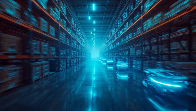 Gliding autonomous guided vehicles moving down neon-lit warehouse aisle, with box-filled racks - Powered by Adobe