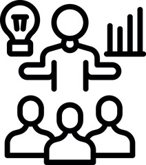 Businessman presenting growth strategies and new ideas to his team, using lightbulb and graph icons