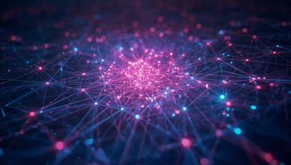 Emitting glowing core cluster radiating glowing lines in virtual space, with pink and blue nodes