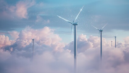 Emerging white wind turbine rising over pink clouds, with sparkles around spinning blades