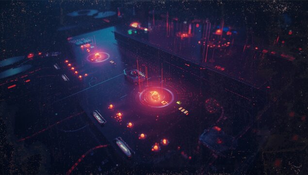 Glowing red data node projecting vertical neon beams on circuit board, indicator lights, copy space