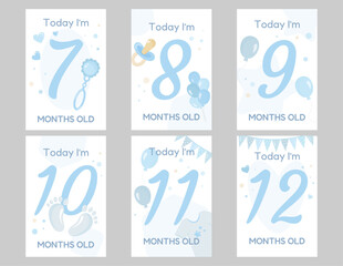 Set of baby milestone cards in blue tones with numbers 7–12 months, pacifier, balloons, rattle, footprints, and cute elements. Perfect vector design for baby shower, newborn celebration, or invitation