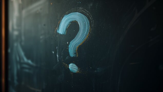 Displaying styled question mark forming in blue-white chalk on classroom chalkboard, with smudges