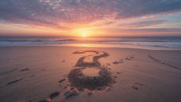 Glistening question mark carving resting on wet beach sand at sunrise, with scattered footprints - Powered by Adobe