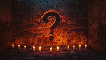 Glowing question mark symbol casting orange light in stone crypt, with burning candles, rough walls