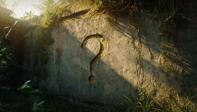 Showing recessed question mark carving on concrete wall at ruin, with moss, vines and grasses - Powered by Adobe