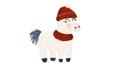 Cute cartoon horse wearing red winter hat and scarf, with joyful expression, stands against transparency background. horse has fluffy tail and black hooves, adding to its charming appearance