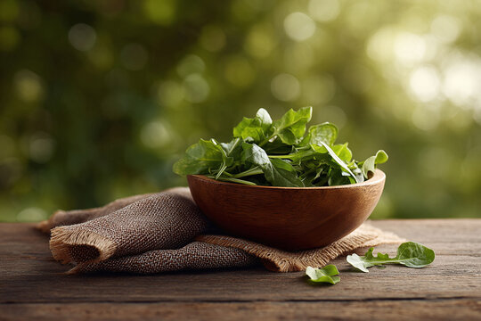 Fresh arugula in a wooden bowl on rustic table. Natural light and blurred green background. Healthy eating concept, recipe illustration, organic food.