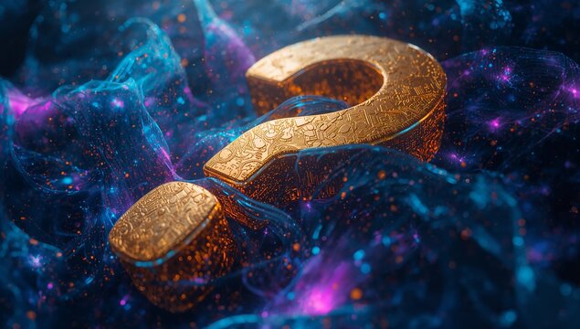 Floating 3D golden question mark hovering over translucent fluid surface, with glowing particles