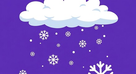 Flat vector illustration of a white cloud snowing snowflakes against a vibrant purple background.