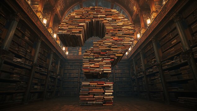 Standing question mark sculpture built from stacked books in library, featuring sconces, columns - Powered by Adobe