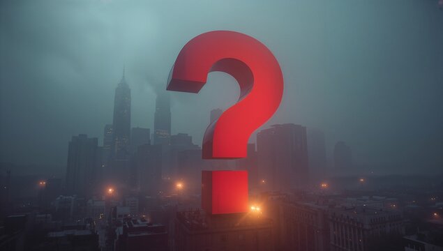 Floating glossy red 3D question mark hovering over foggy urban skyline, with muted city lights - Powered by Adobe