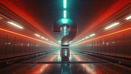 Standing metallic question mark sculpture glowing under cyan orange neon lights in subway corridor