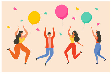 Happy people jumping and celebrating New Year or Birthday party. vector illustration