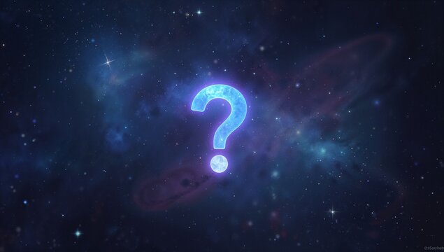 Floating central luminous blue question mark icon in deep outer space, glowing with radiant aura - Powered by Adobe