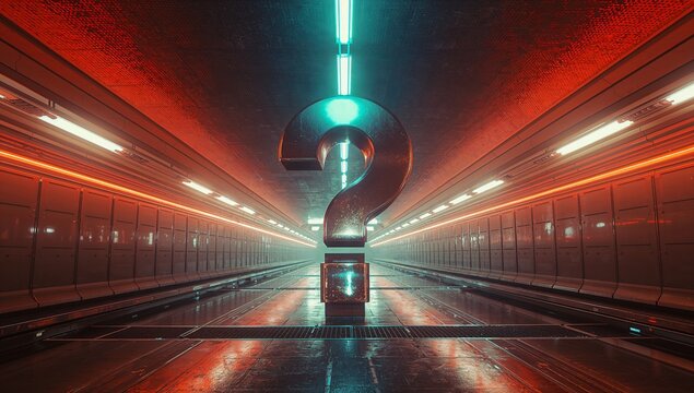 Standing metallic question mark sculpture glowing under cyan orange neon lights in subway corridor