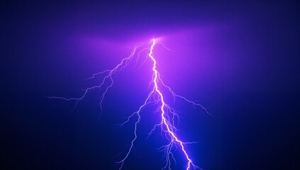 Striking central lightning bolt descending through stormy night sky, emitting vivid purple glow