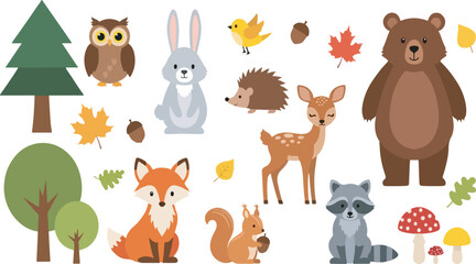 Cute forest woodland animals vector collection set including bear, deer, fox, rabbit, and owl.