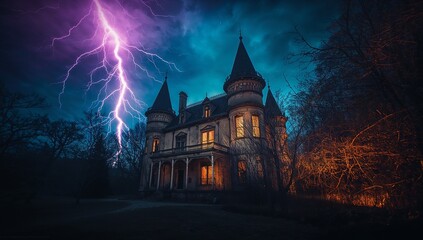 Lightning illuminating gothic turreted mansion with veranda at night, featuring glowing windows