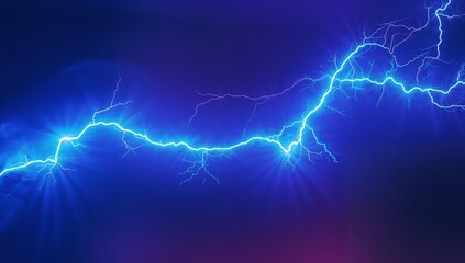 Glowing neon blue lightning bolt branching across digital sky on blue gradient, with radial flares