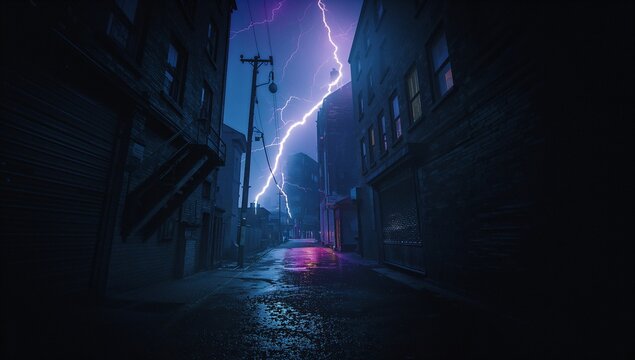 Striking lightning bolt splitting alley at night, illuminating puddles, street lamp and neon glow