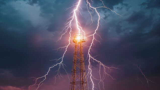 Striking lightning bolt lighting up lattice tower with beacon under storm clouds, branching forks - Powered by Adobe