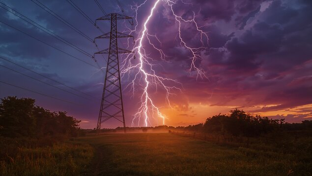 Striking lightning bolt illuminating grassland at sunset with tower, power lines and treeline - Powered by Adobe